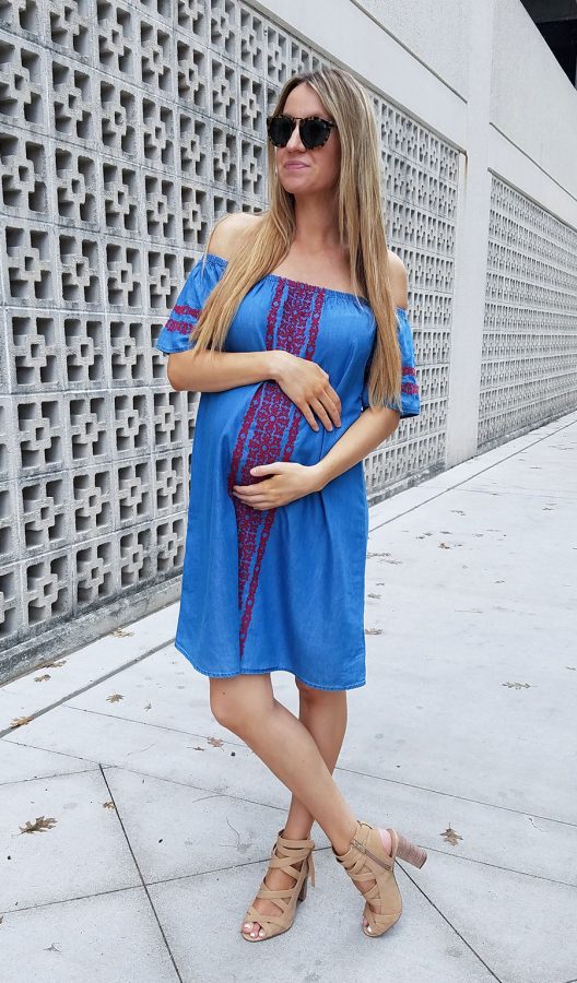embroidered off the shoulder chambray dress
