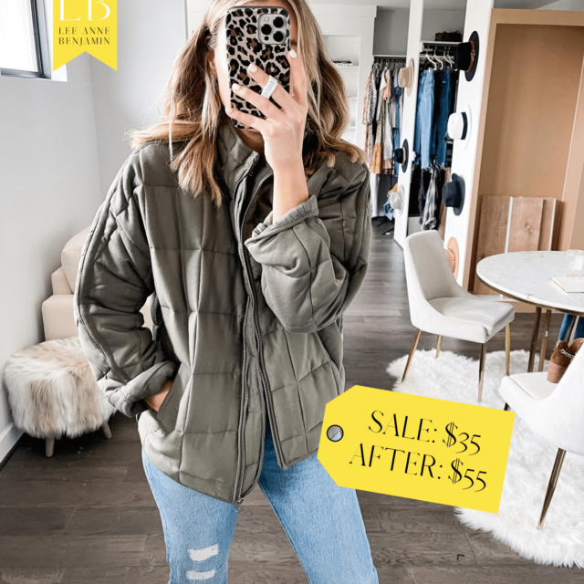green quilted jacket